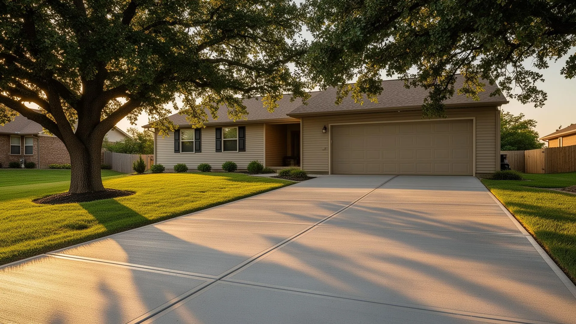 New concrete driveway at a Platte County Missouri home at golden hour
